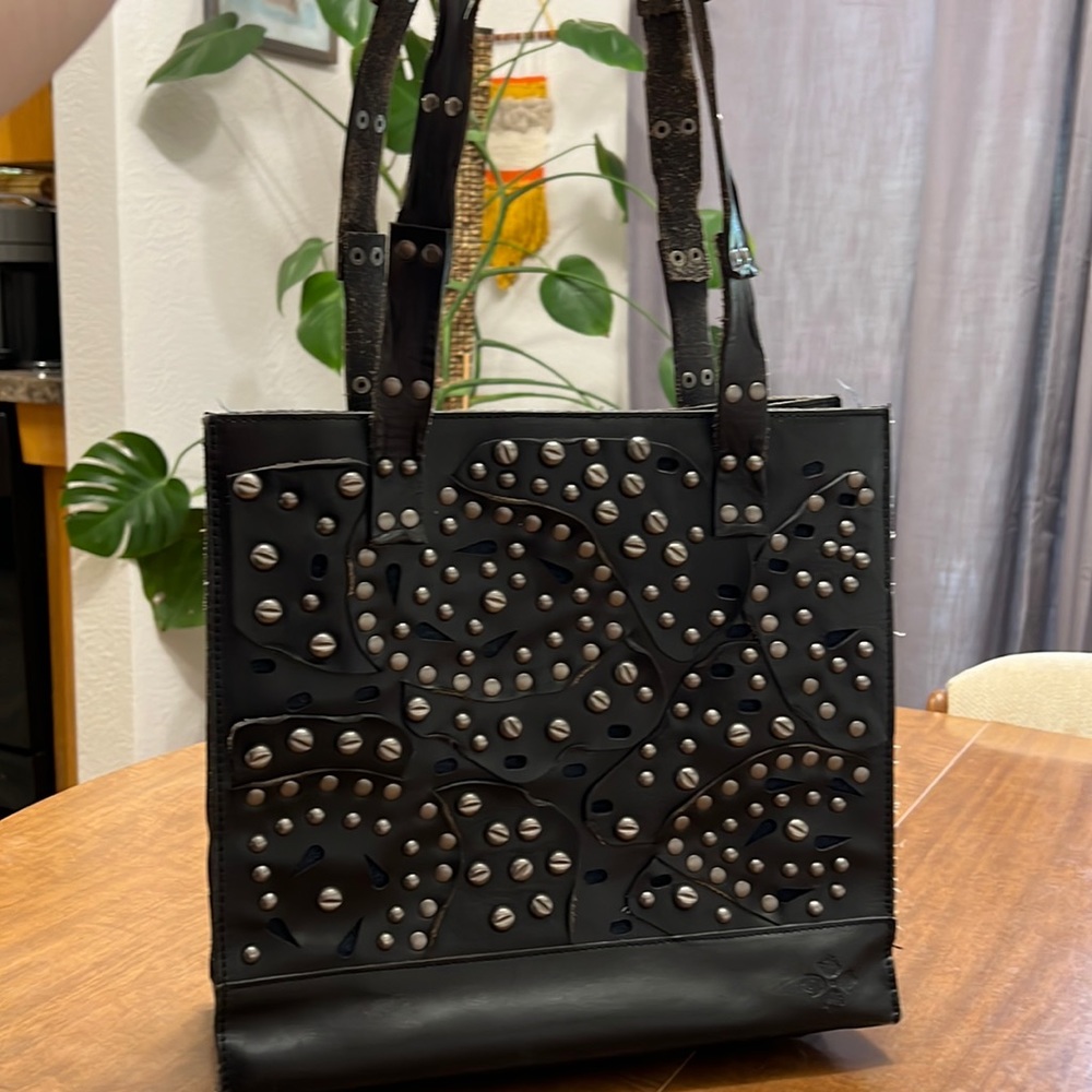 Patricia Nash Black Studded Floral Cutout Leather Tote